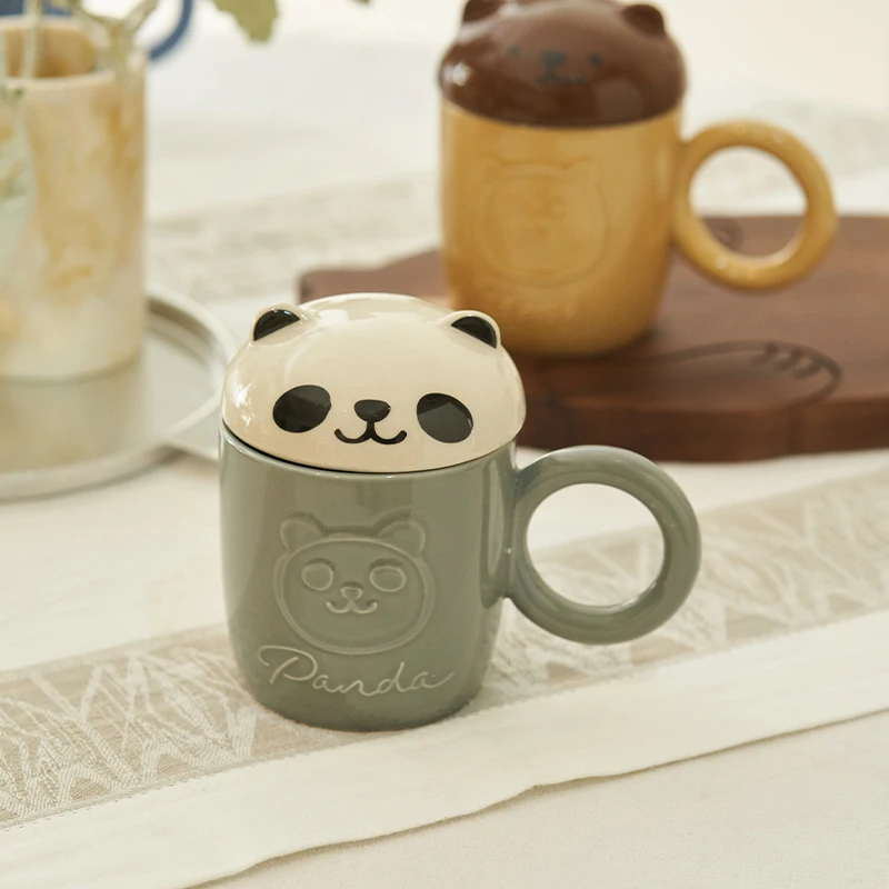 Embossed Animal Mug with Lid Creative Niche Ceramic Coffee Mug Breakfast Mug Office Tea Cup Water Mug