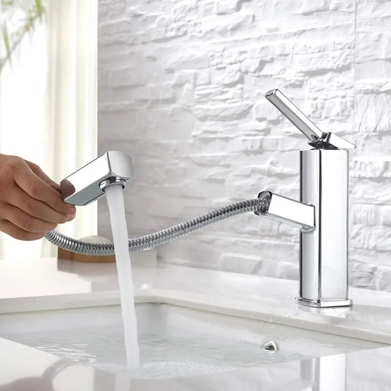 

Sink Faucet w/Pull Out Sprayer, Single Handle Basin Mixer Tap for Hot & Cold Water, Lavatory Pull Down Faucet w/Rotating Spout