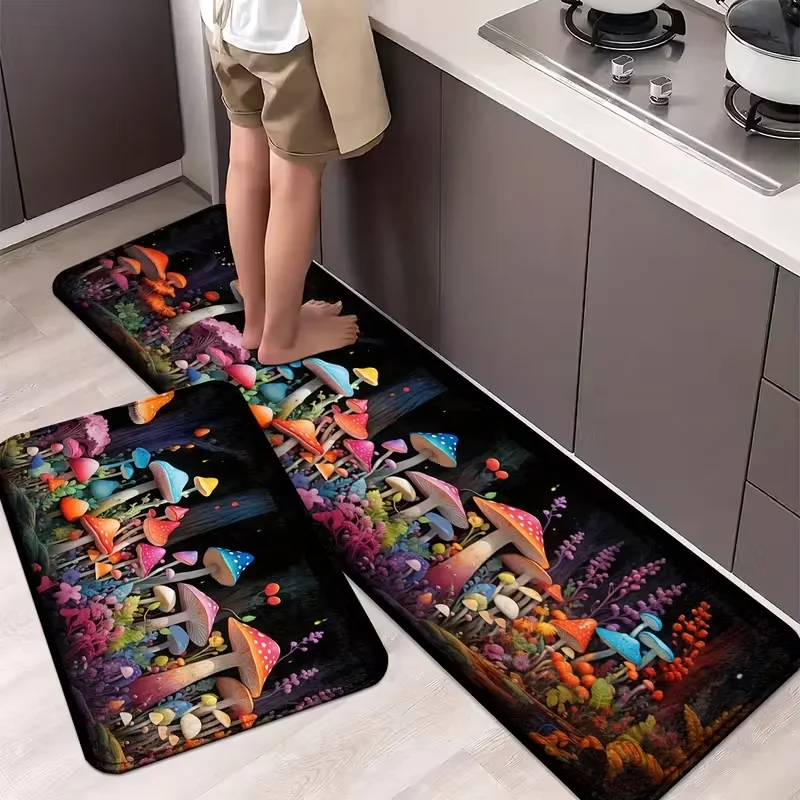VIKAMA 2-teilige Fantasy-Küchenmatte mit buntem Pilz, weicher und bequemer Schlafzimmerteppich, rutschfeste Fußmatte für den Eingangsbereich, Heimdekoration