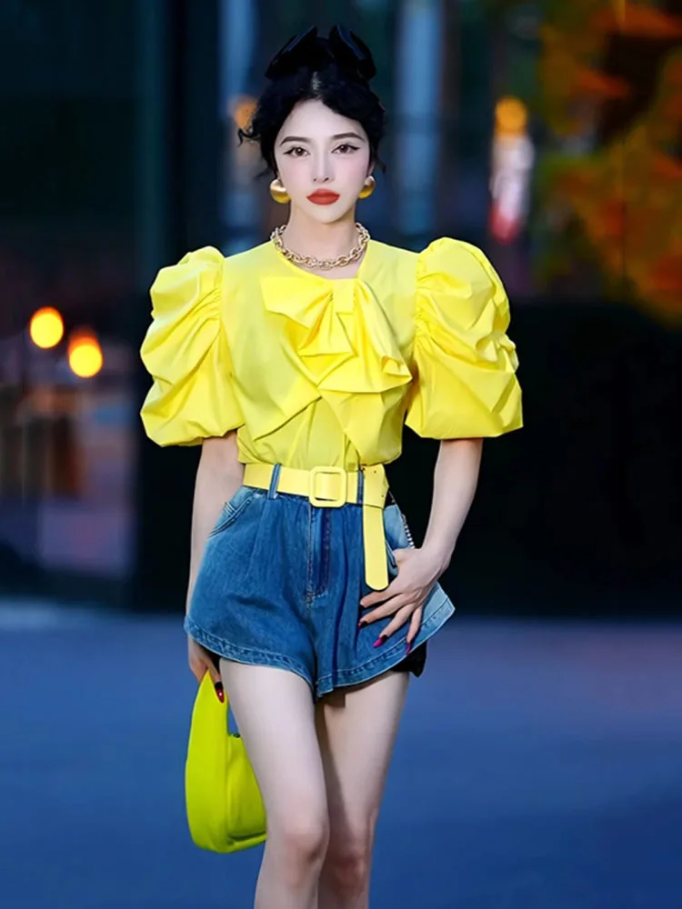 

Elegant Women's Yellow Short Puff Sleeve Ruffled Shirt 2024 Summer New French Sweet O Neck Pleated Tops Slimming Bowknot Shirts