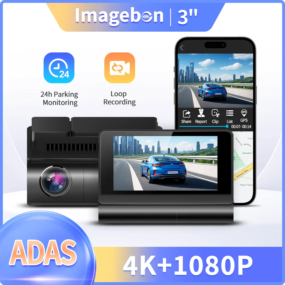 Imagebon Q3 3″ 4K ADAS Dash Cam GPS Navigation Car DVR 24h Parking Monitoring Loop Recording Time Lapse G Sensor Video Recorder