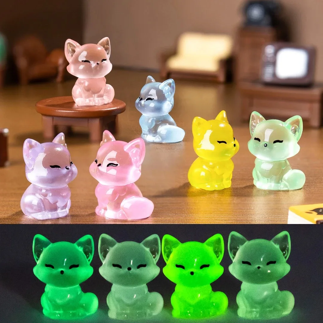 10pcs Luminous Resin Foxes Figurines Colorful Mini Cartoon Fox Decor DIY Micro Landscape Accessory Garden Ornament Resin Crafts