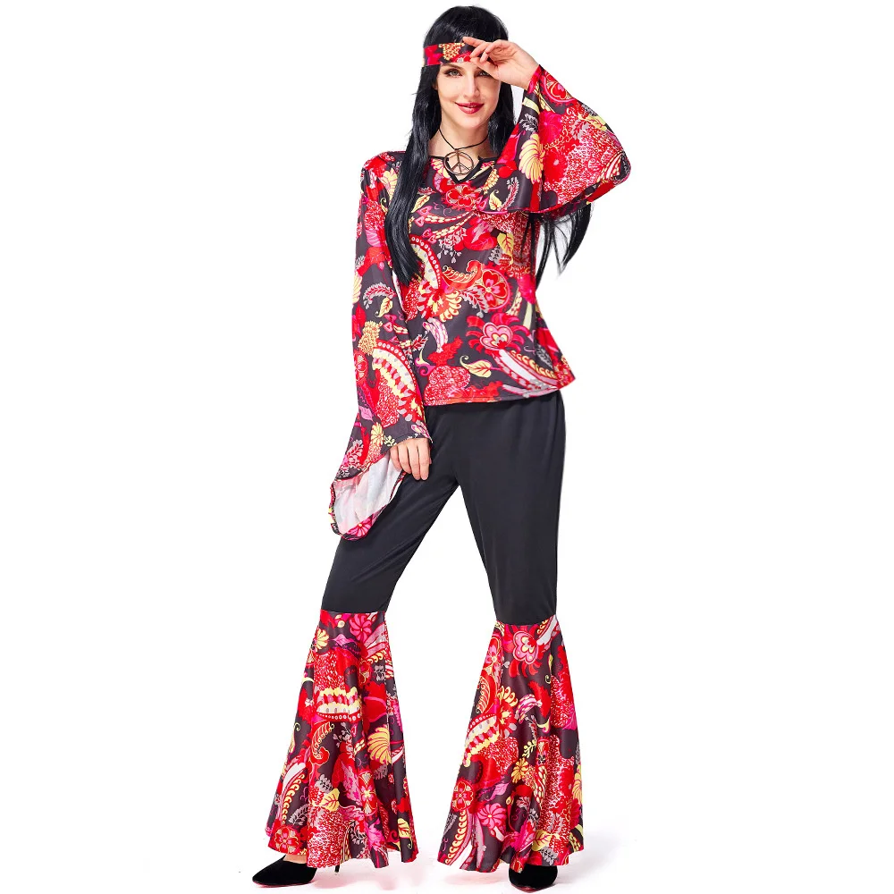 Women's Hippie Costumes Retro 60s 70s Disco Party Stage Performance Suit Halloween Purim Cosplay Fancy Dress Up