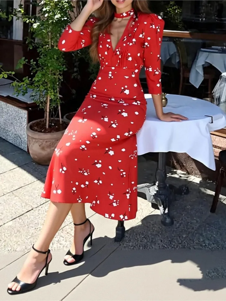 

Dresses 2025 Woman Slim Long Sleeves V-link Simple Style Elegant Temperament Casual Dress Vacation Fashion Floral Print Trendy