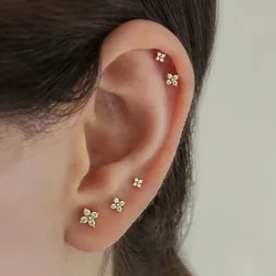 2Piece Gold Color Flower Stud Earrings 3MM/4MM/5MM Women Piercing Cartilage Ear Ring Zircon 99% Pure Titanium Metal Jewelry Gift