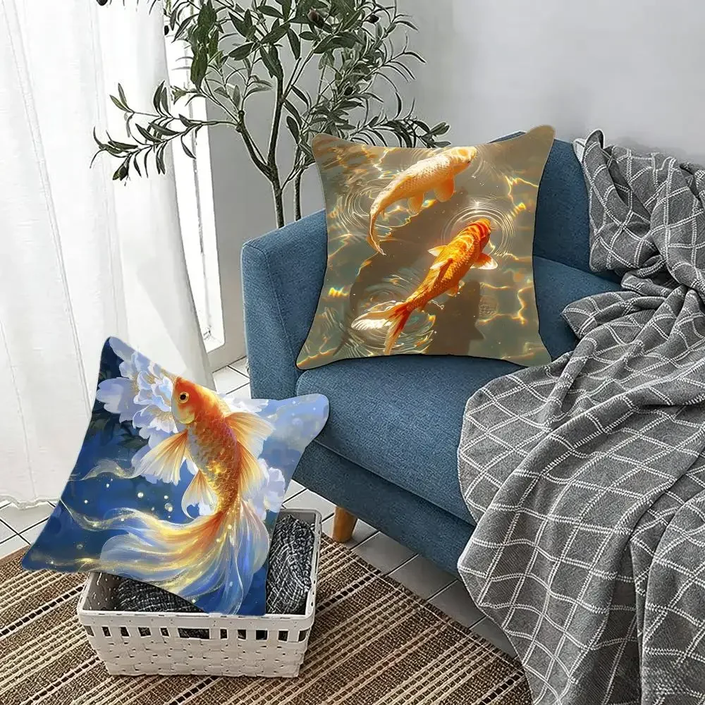 Oriental A-Auspicious Koi Carp And Lotus Flowers Anime Cushion Cover Fluffy velvet Nordic style plush Living room sofa decor