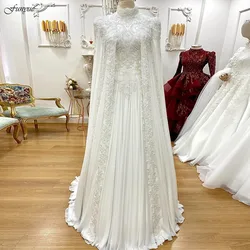 Funyue Arabic Dubai High Neck Long Sleeve Wedding Dress Women Elegant Luxury Bridal Dresses with Cape Islamic Hijab Lace Beaded