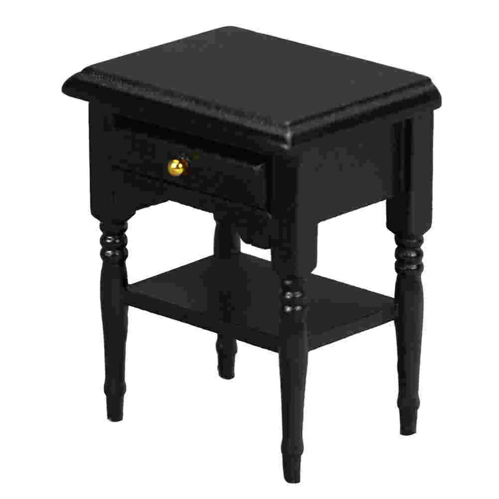 Mini Bedside Table House Ornament Miniature Furniture Wooden Cabinet Craft Model Drawer Decor Black Nightstand