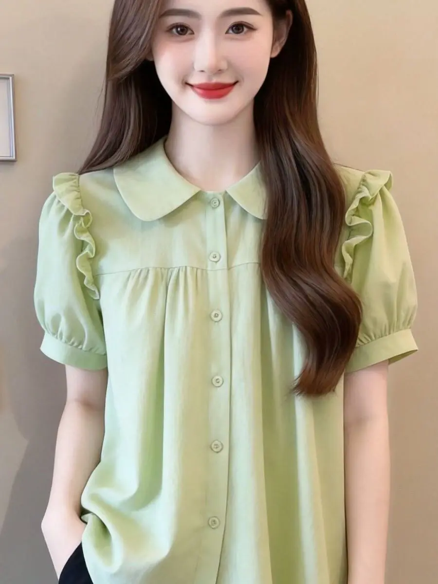

Chic Short Sleeve Loose Women's Shirt Sweet Ear Design Casual Style Bubble Sleeve Flip Collar Button up Summer New Arrival