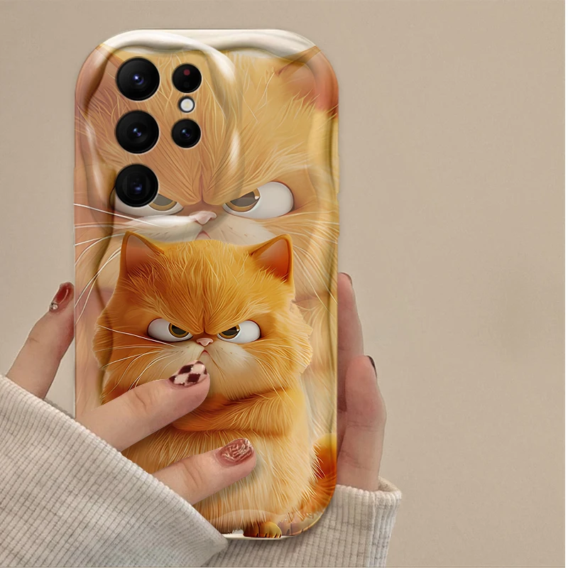 برتقالي أسود أبيض القط جميل التعبير حقيبة لهاتف سامسونج غالاكسي S25 S24 الترا S23 S22 S21 S20 زائد FE A56 A36 A26 غطاء متموج #3