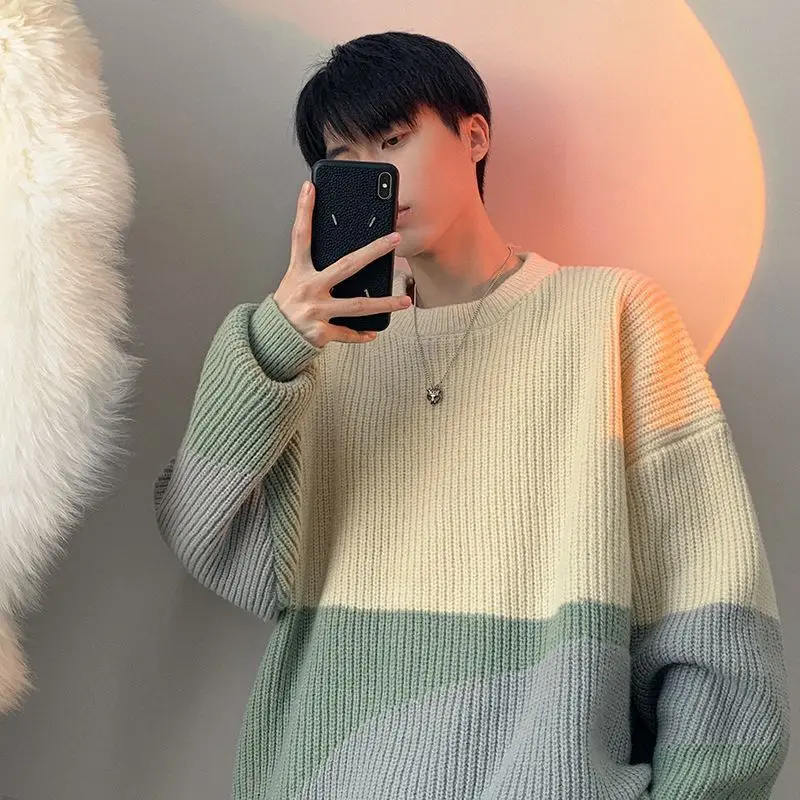 Stylish O-Neck Knitted Spliced All-match Korean Color Sweater Men\'s Clothing 2022 Autumn New Casual Pullovers Loose Warm Tops