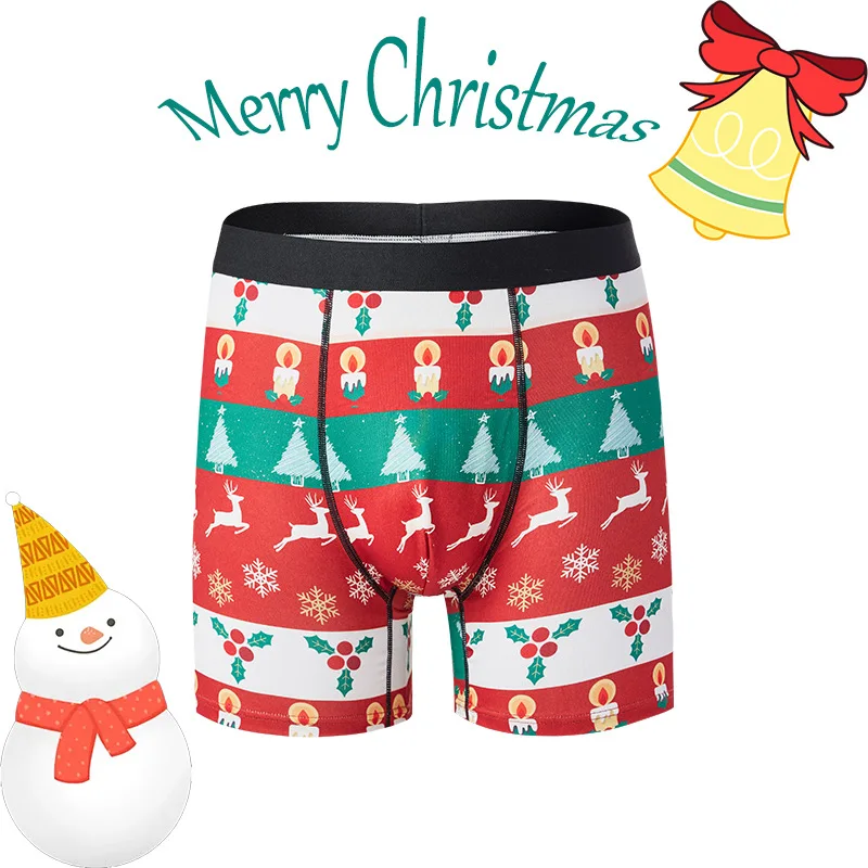 Mens Breathable Christmas Print Underwear Skin-friendly Fashionable Casual Sports Boxers Four Corner Shorts Christmas Gifts