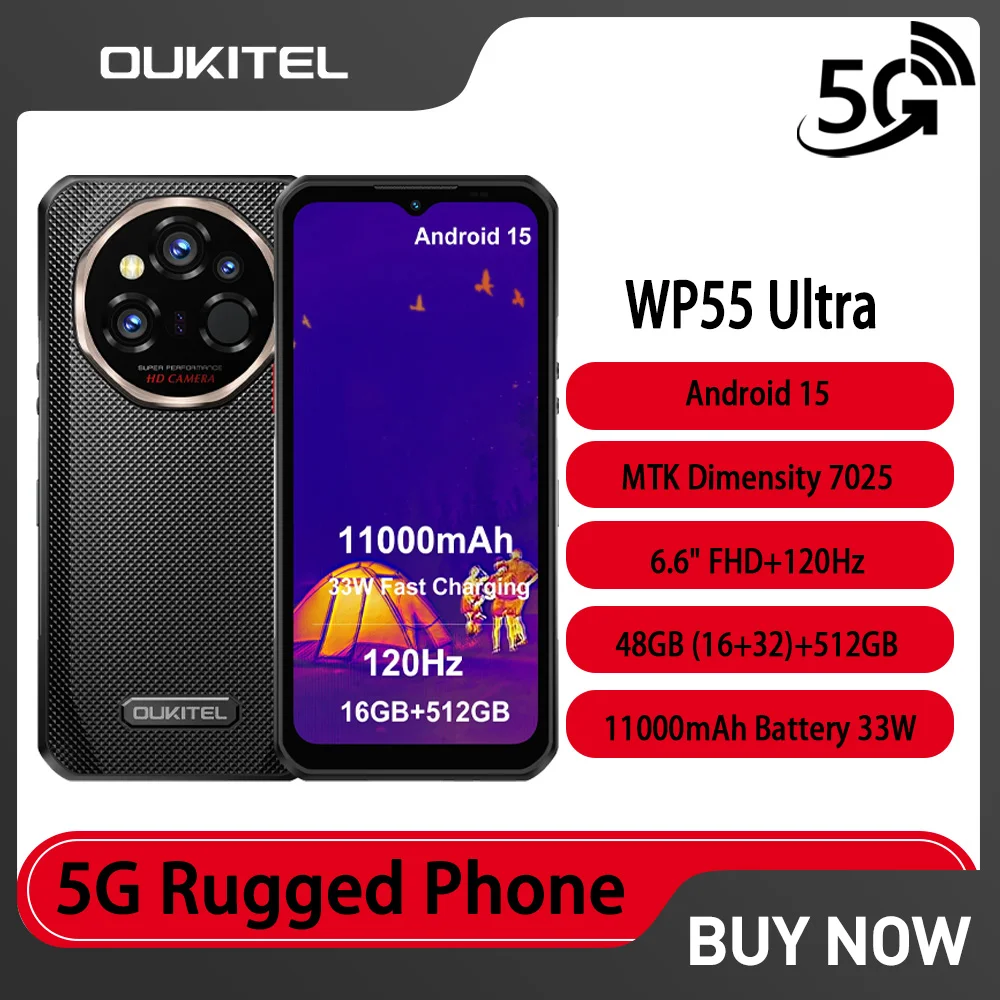 OUKITEL WP55 Ultra 5G Rugged Smartphone Android 15 Thermal Imaging Dimensity7025 48GB+512GB 11000mAh 108MP 6.6“ NFC Mobile Phone