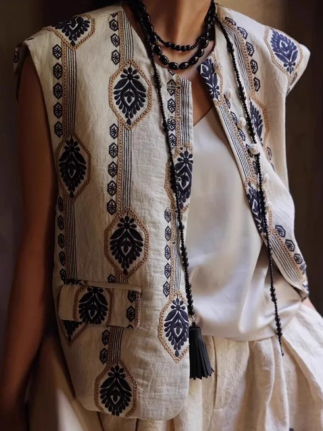 

Ele Embroidered Cotton Linen Vest Top Women's Summer High-End Vintage Layered Loose Linen oulder Pad irt