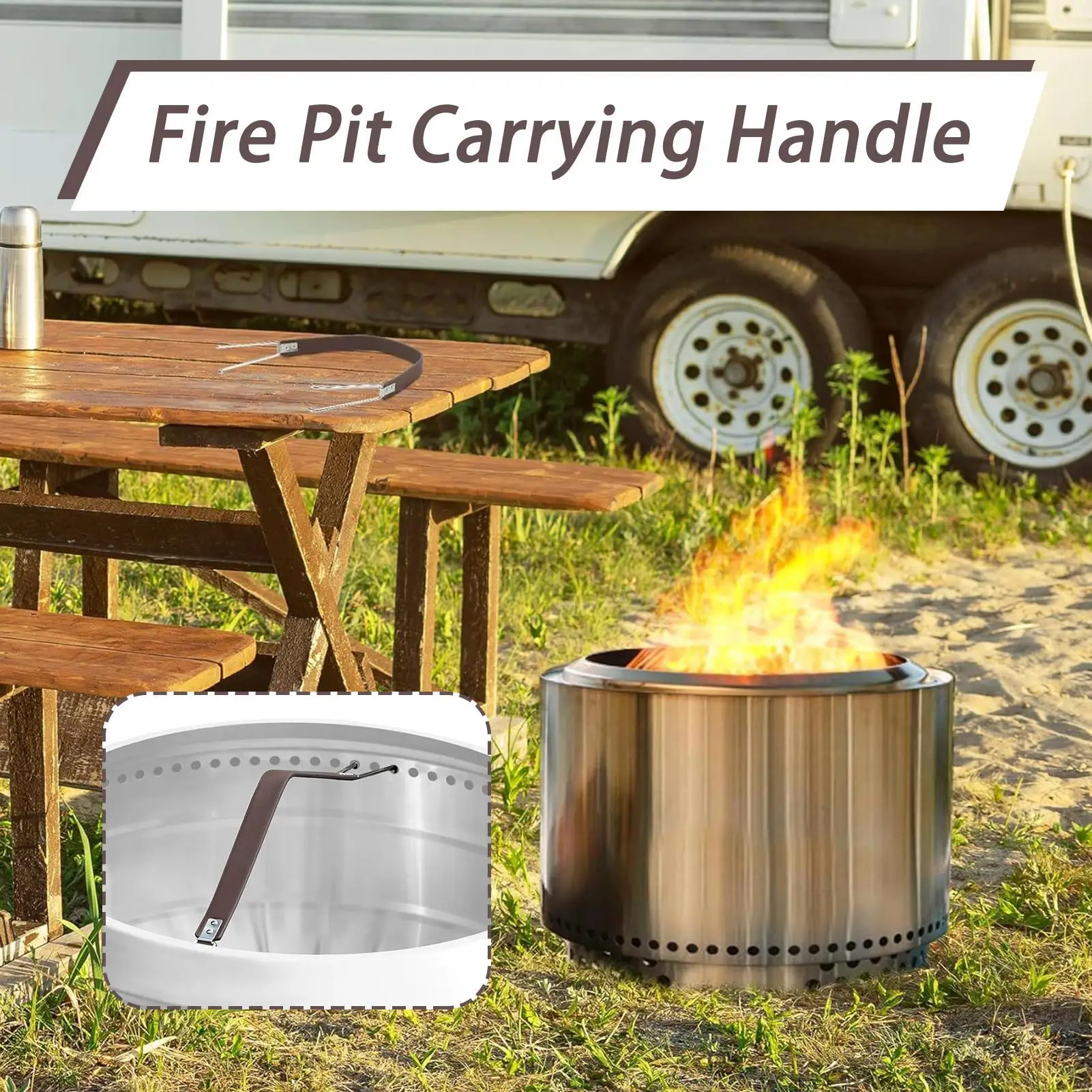 Handle For Fire Pit Lid Fire Pit Moving Tool Ergonomic Handle With Stainless Steel Hooks Portable For Camping Indoor Cookware