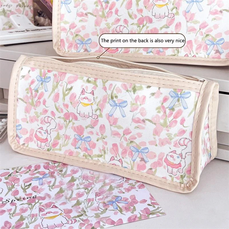 Милый розовый тюльпан, котенок, кошка, прозрачный пенал, большая емкость, портативные девчачьи косметички, студенческие канцелярские принадлежности, сумки для хранения ручек