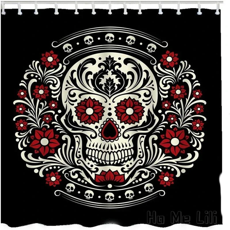 Skull By Ho Me Lili Shower Curtains Mexico Day Of The Dead Skeleton Head Red Flower Bathroom Set Home Decorative Waterproof