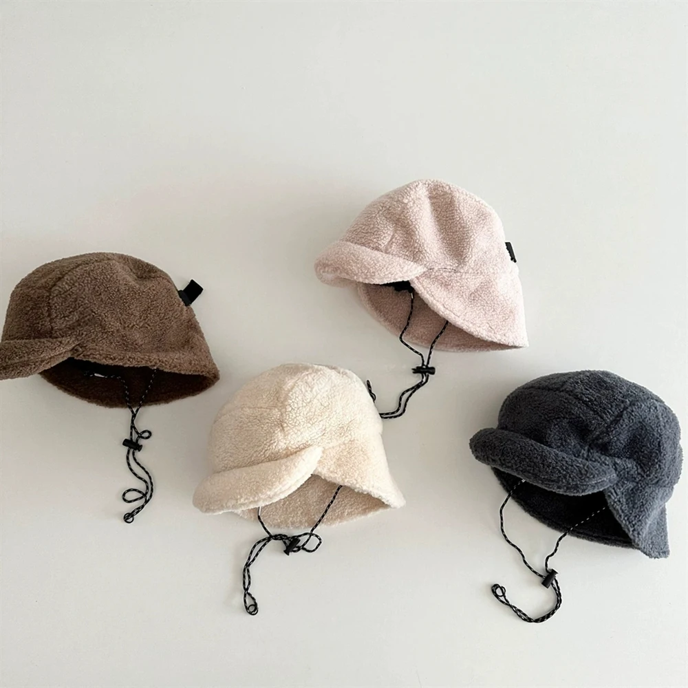 Toddler Winter Fleece Beret with Chin Strap for Girl Boy Warm Fuzzy Bucket Hat 2-4 Years Cute Solid Color Windproof Outdoor Cap