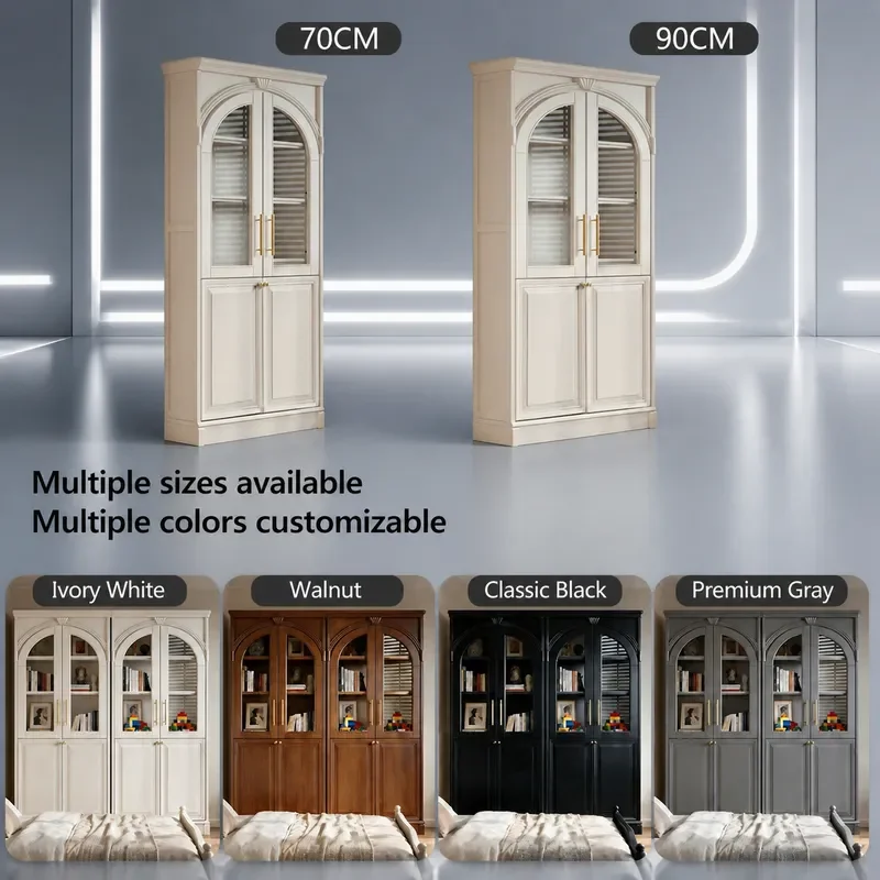 Arched Cream Bookcase for Living Room Full Wall Mounted Solid Wood Combination Shelf Customizable Storage Unit