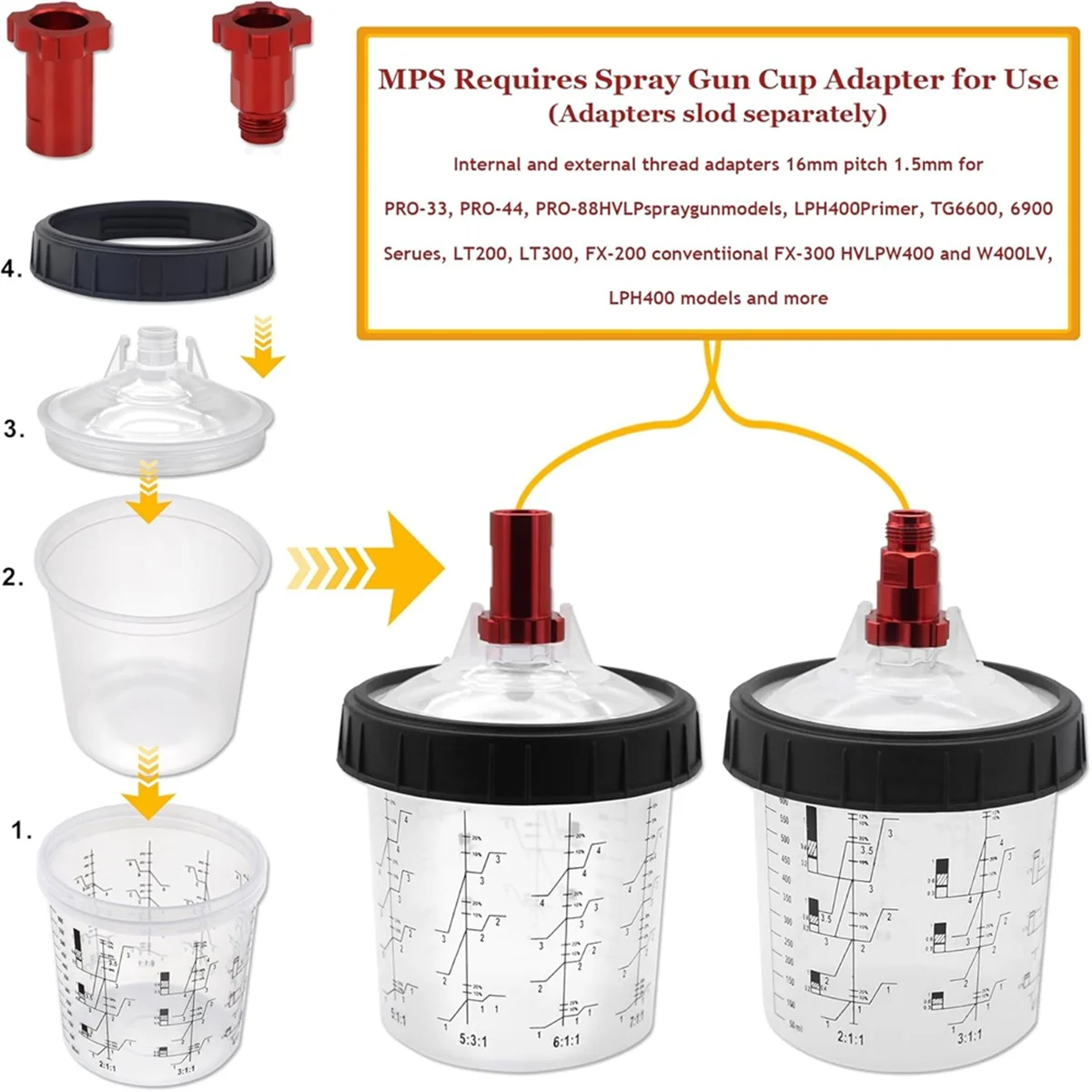A002 Disposable Paint Mixing Cup System Kit - 20 Paint Cups with Lids, Hard Cups with Retaining Rings, 5 Plugs,2 Cup Adapters