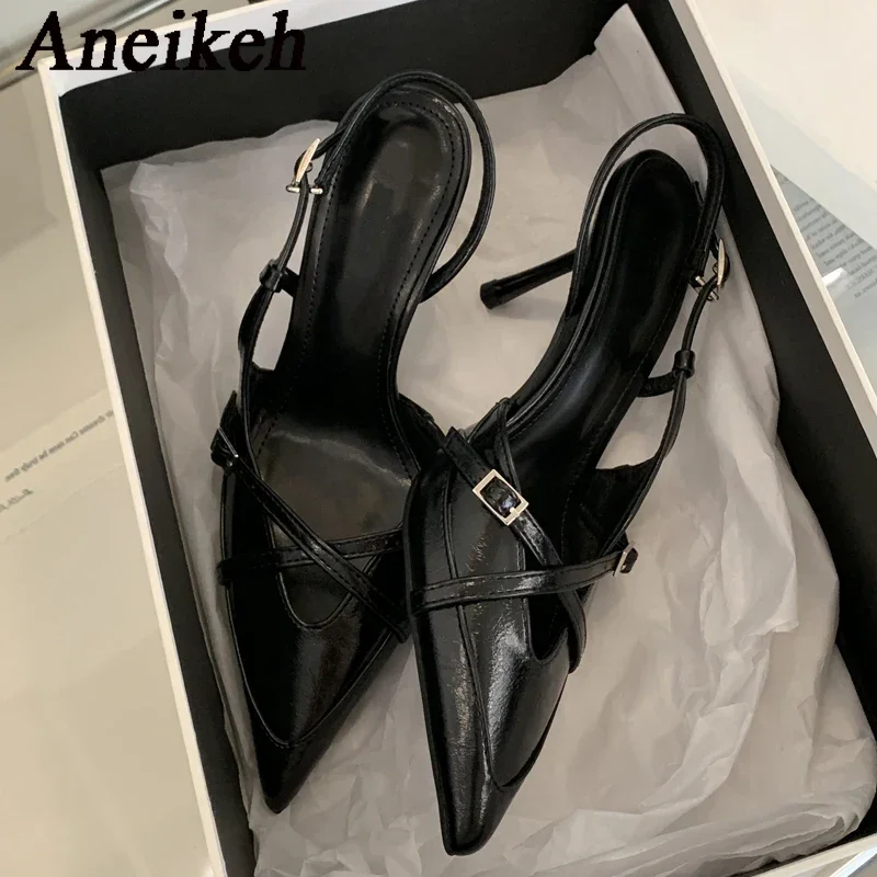 Aneikeh Autumn Patent Leather Shoes For Women Cross-Tied Pumps Pointed Toe Animal Prints Women Shoes Thin Heels Buckle Strap NEW