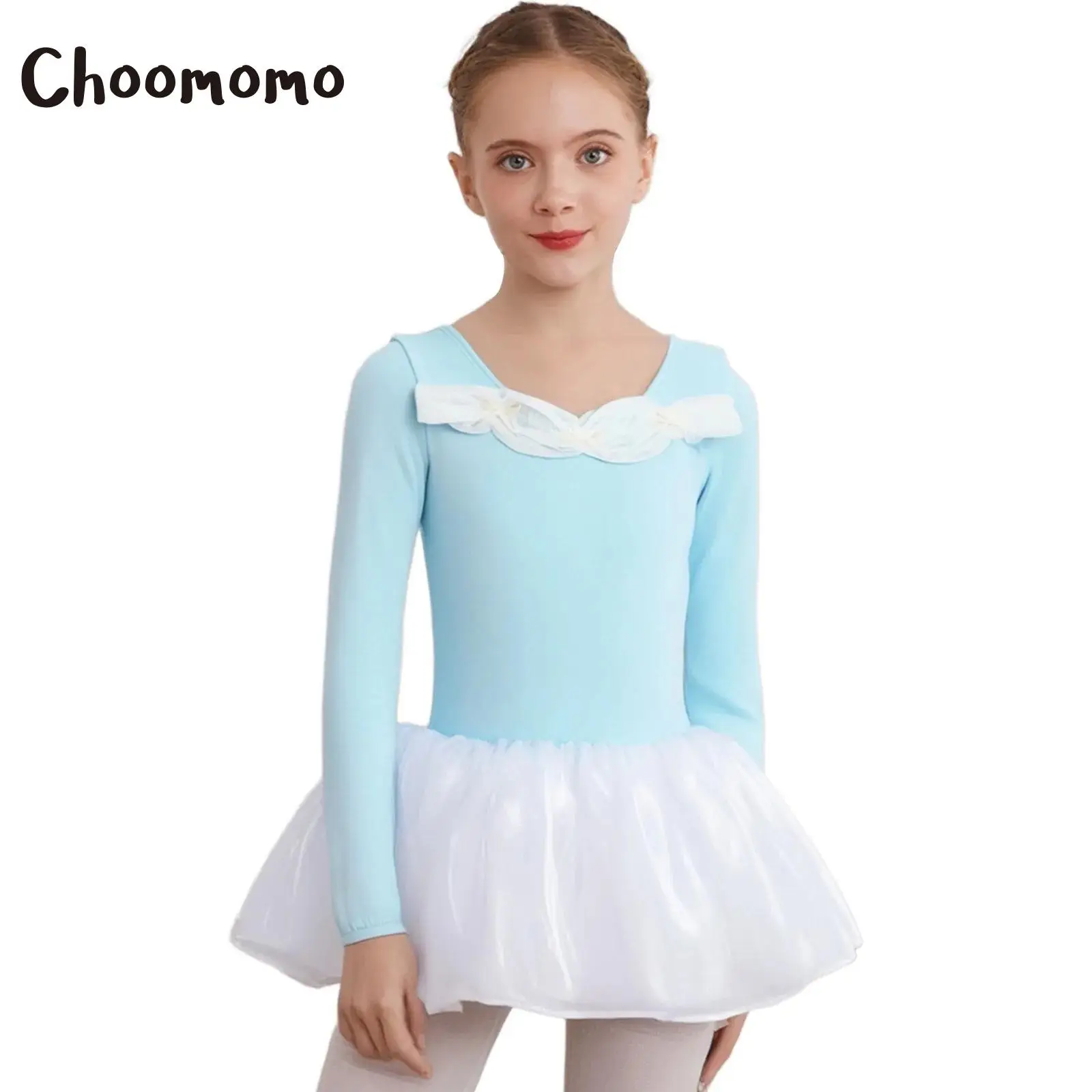 

Kids Girls Long Sleeve Ballet Leotard Dress Bowknots Ruched Cotton Tulle Tutu Dress Gymnastics Skating Performance Competition