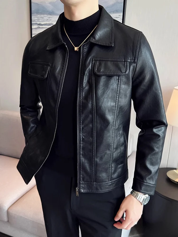 

Men's Slim Fit Biker Leather Jaet Spring Autumn Zipper Closure Pure Color Faionable Youthful Sle Windproof Outerwear