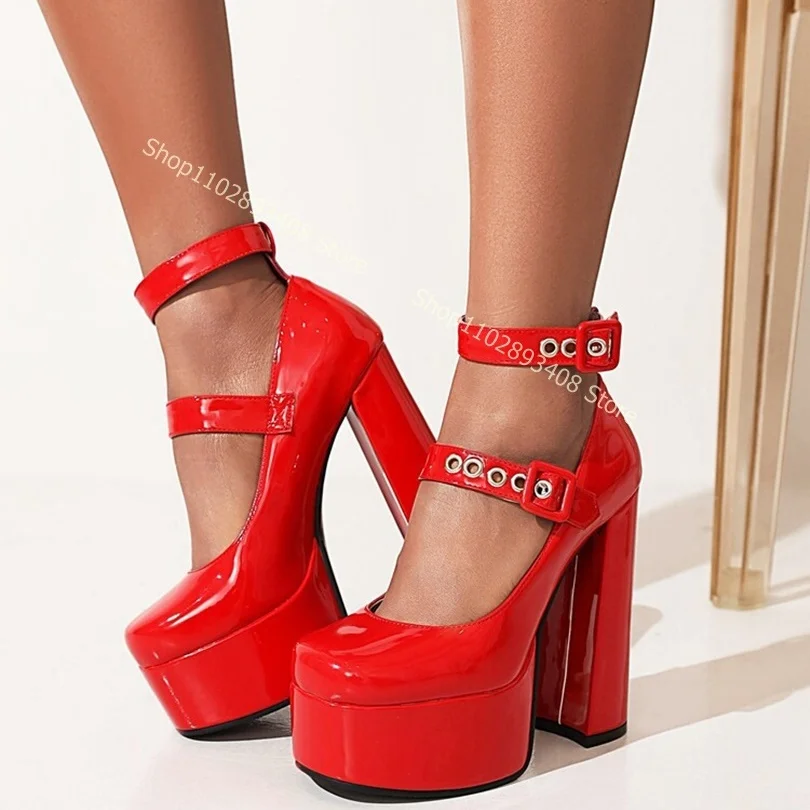 Red Patent Leather Platform Pumps Square Toe Ankle Buckle Chunky High Heels Women Summer Sweet Shoes 2023 Zapatos Para Mujere