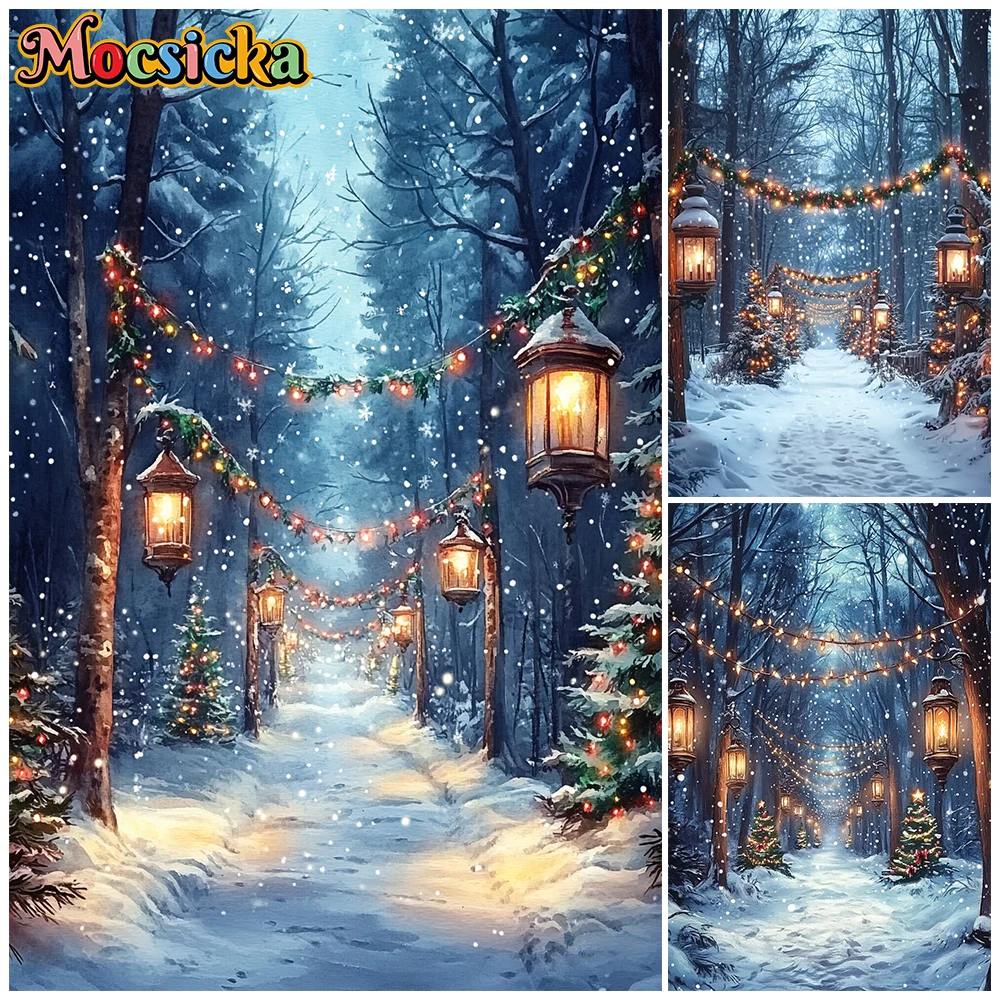 Mocsicka Christmas Forest Photography Backdrop Snowy Winter Path With Lanterns Fairy Lights Background Family Holiday Photoshoot