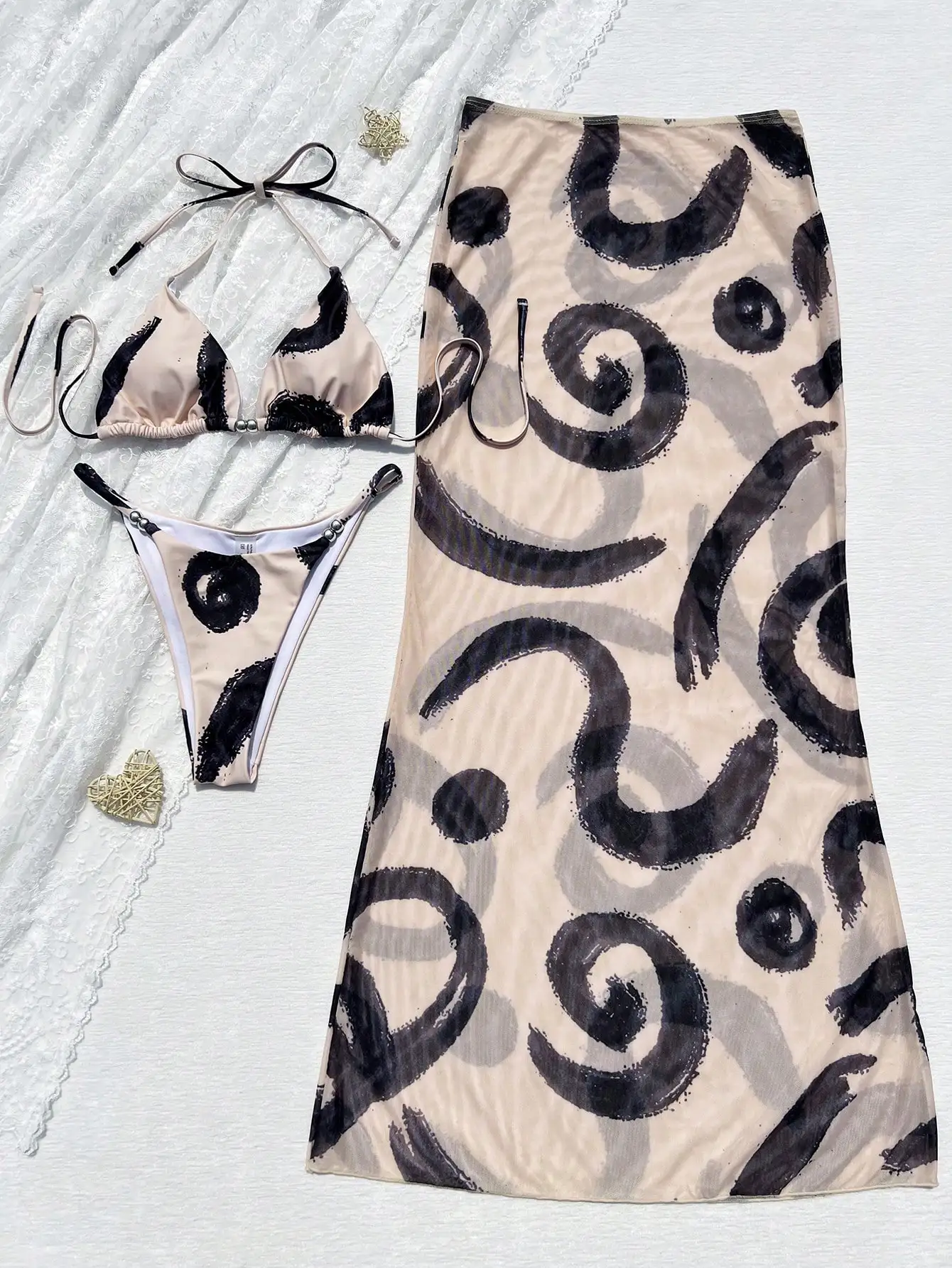 

Swirl Print Bikini Set With Mesh Maxi Skirt 3-Piece Women Beachwear