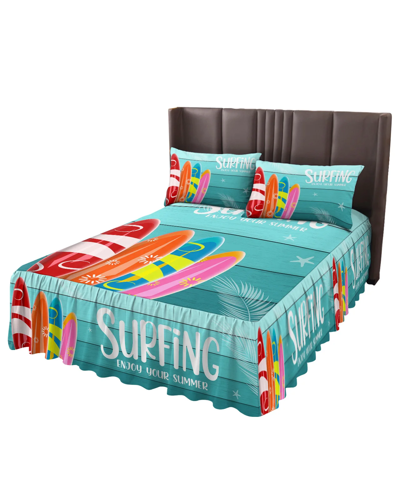 Summer Wood Grain Surfboard Bed Skirt Elastic Fitted Bedspread With Pillowcases Mattress Cover Bedding Set Bed Sheet