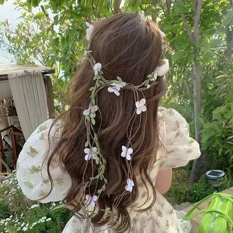 Flower Leaves Scrunchies Women Long Ribbon Tassel Headband Sweet Fairycore Garland Adornment Bridesmaid Bride Wedding Party B