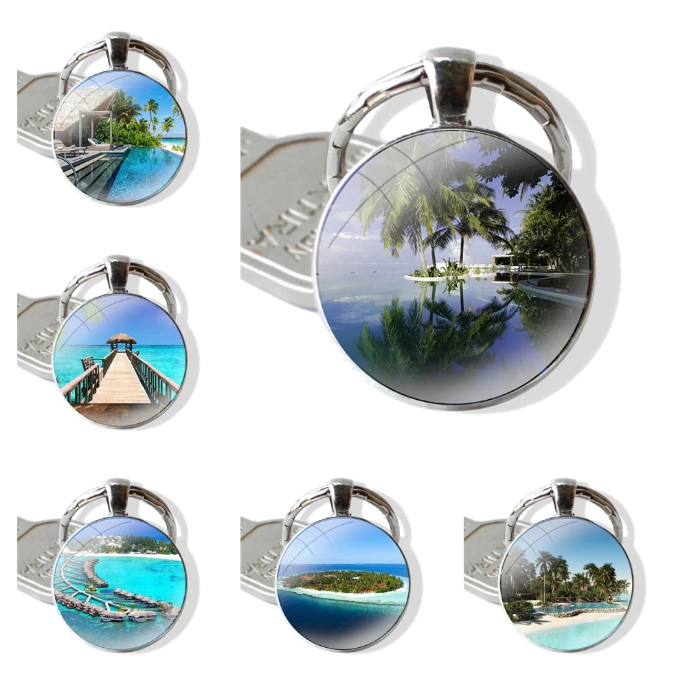 Beautiful Maldives Scenery Keychain Handmade Glass Cabochon Key Ring Holder Pendant Key Chains