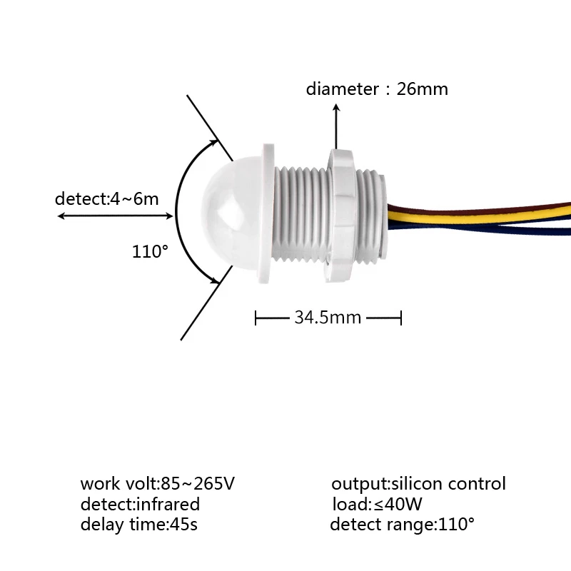 1Pcs 220Vac Human Body Inductive Switch Lamp Infrared Detector Movement Trigger Lamp on Delay Time Adjustable