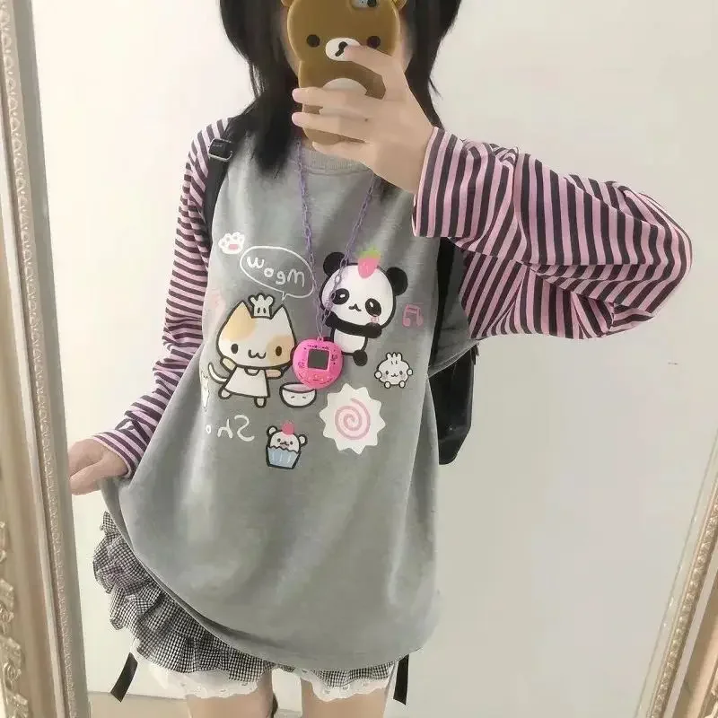 Camiseta de dibujos animados Kawaii, camiseta gris de Hip Hop, camiseta de novio coreano, camiseta holgada de manga larga a rayas, ropa de calle, Tops de otoño para chica