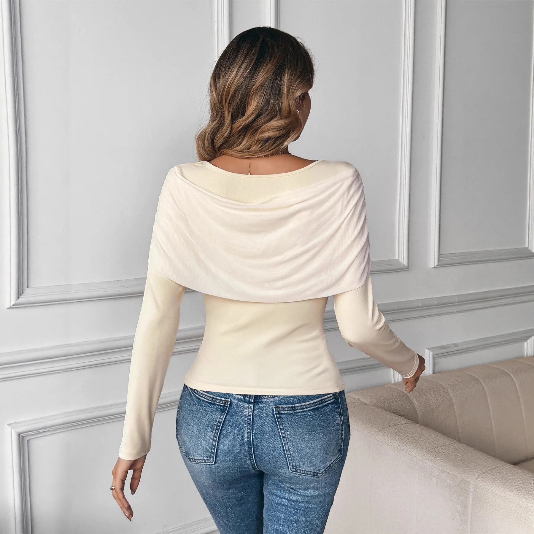 T-shirt manches longues pour femmes, épaules dénudées, Design froncé, coupe cintrée, confortable, élégant, décontracté, couleur unie, nouvelle mode printemps automne