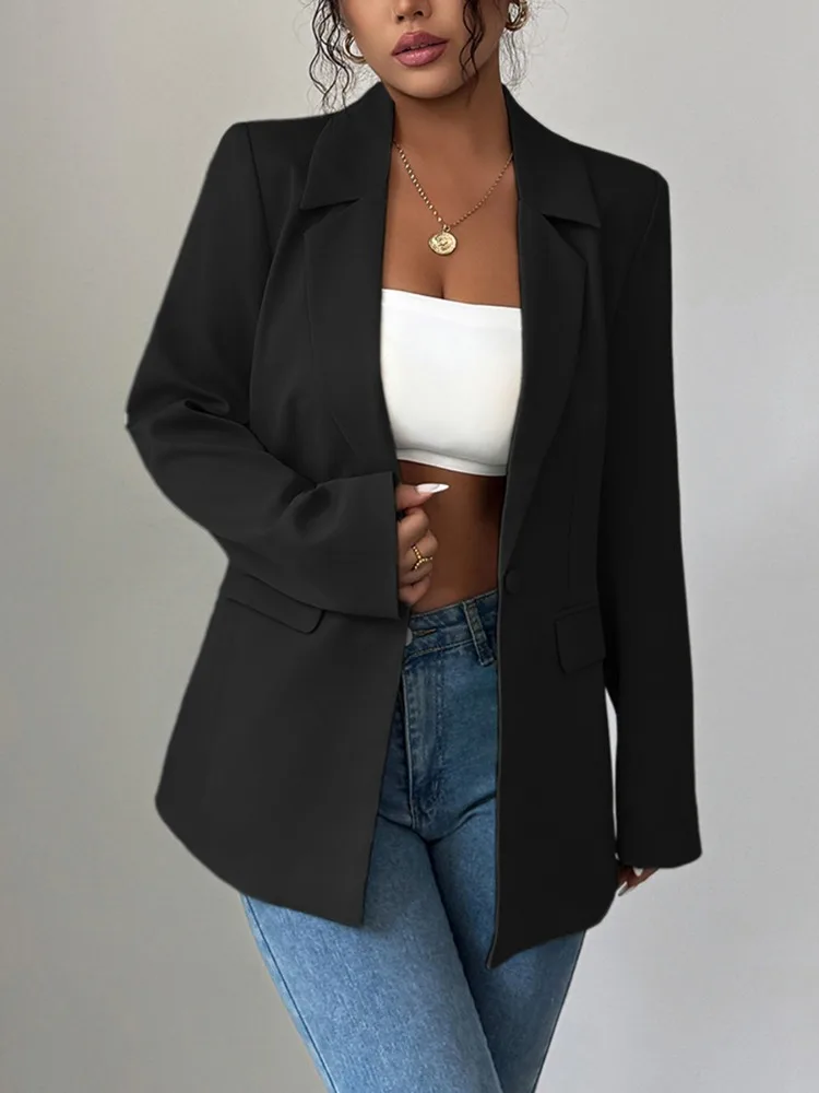 

Uoozee Women's Solid Color Office Work Blazer Jackets Long Sleeves Notched Collar Loose Single Button Urban Casual Outerwear