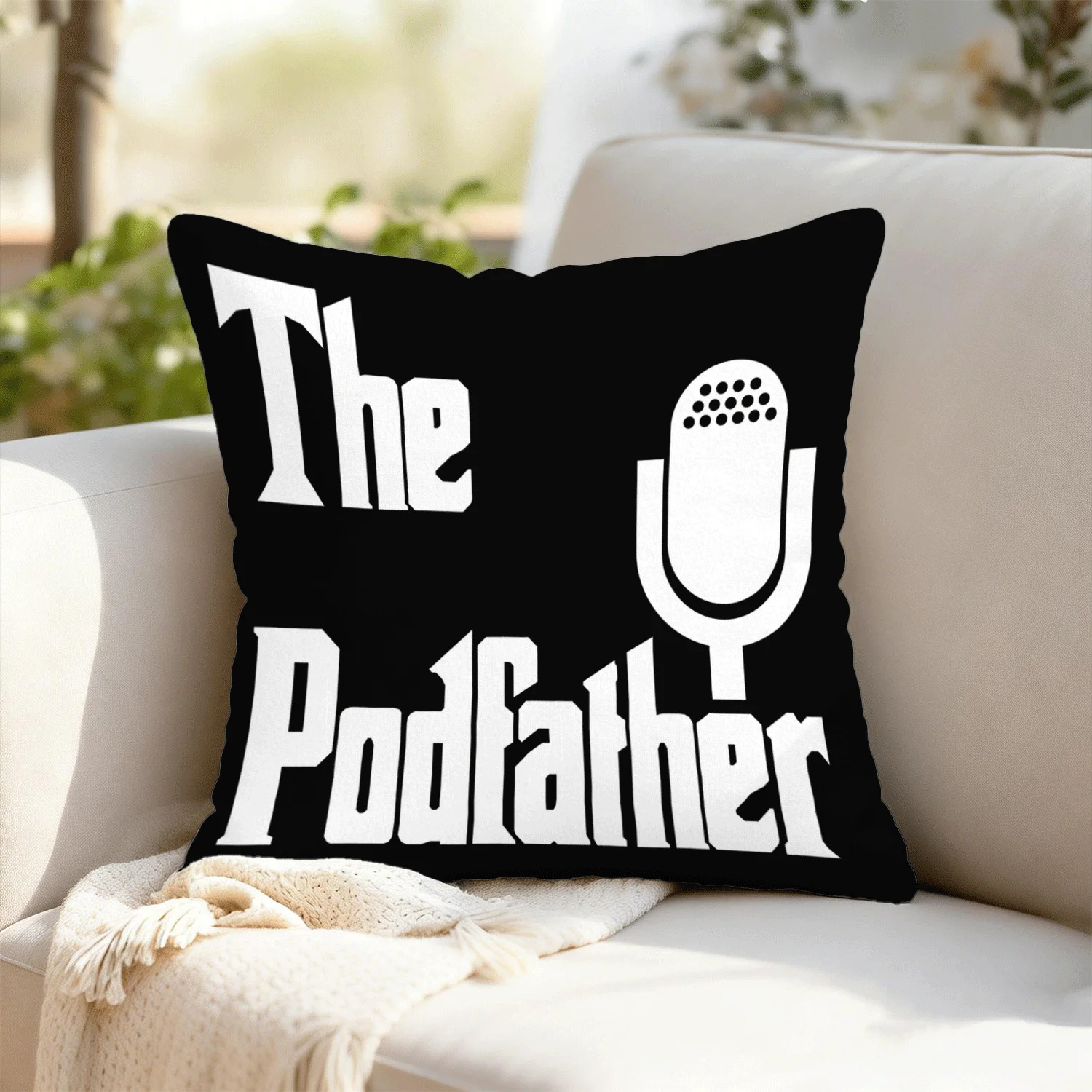 The Podfather Pillow Case, Funny Podcast Microphone Cushion Cover, Broadcaster Gift Decor Throw Pillow Slipcover for Sofa