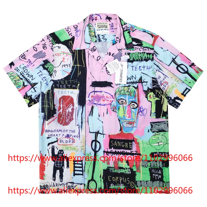 

2026 New Arrival WACKO MARIA Graffiti Print Hawaiian Shirt Men's Casual Short Sleeve Button Cardigan Top