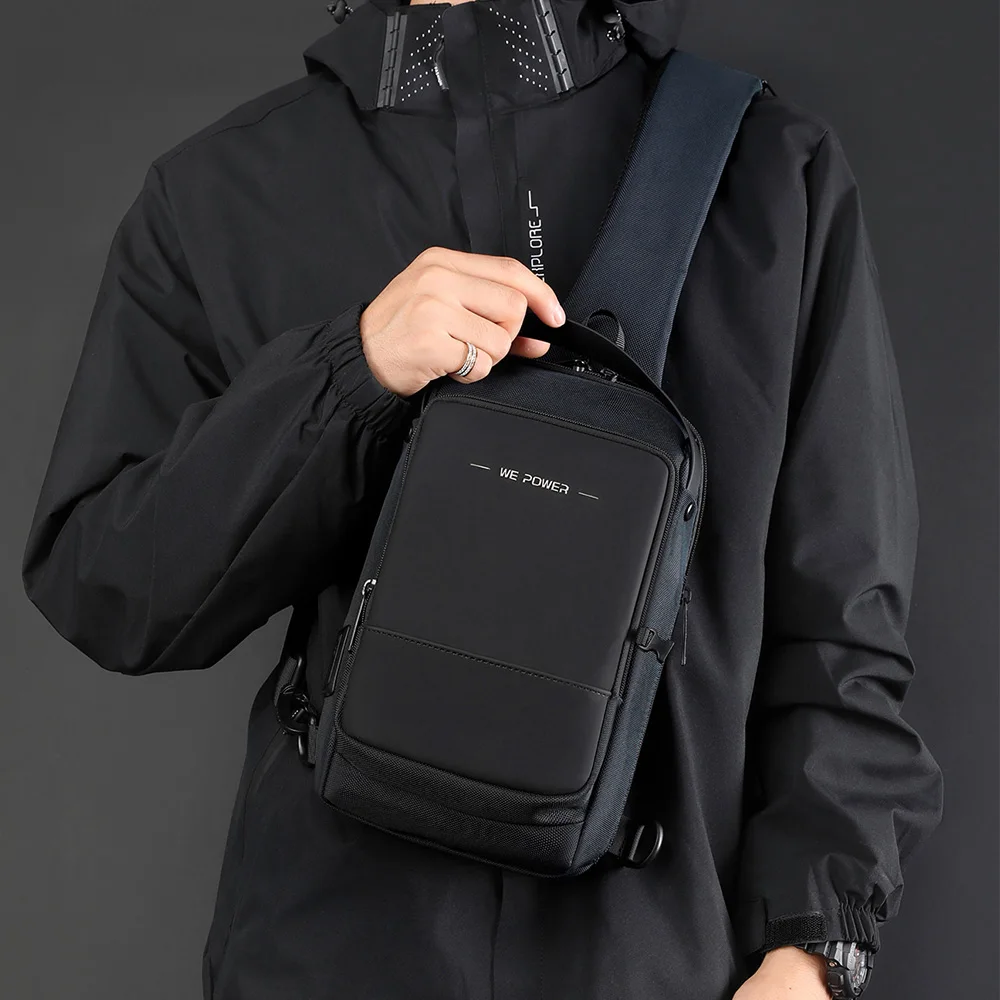 Mochila cruzada de nailon para hombre, bolso de hombro y pecho con puerto de carga USB, resistente al agua, para viaje