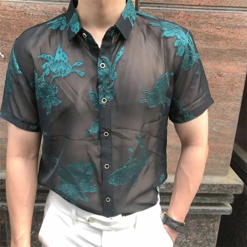 Transparent Shirt See Through Mesh Shirt Club Party Prom Chemise Homme 2026 New Sexy Lace Shirt For Male Club Party Shirt Men