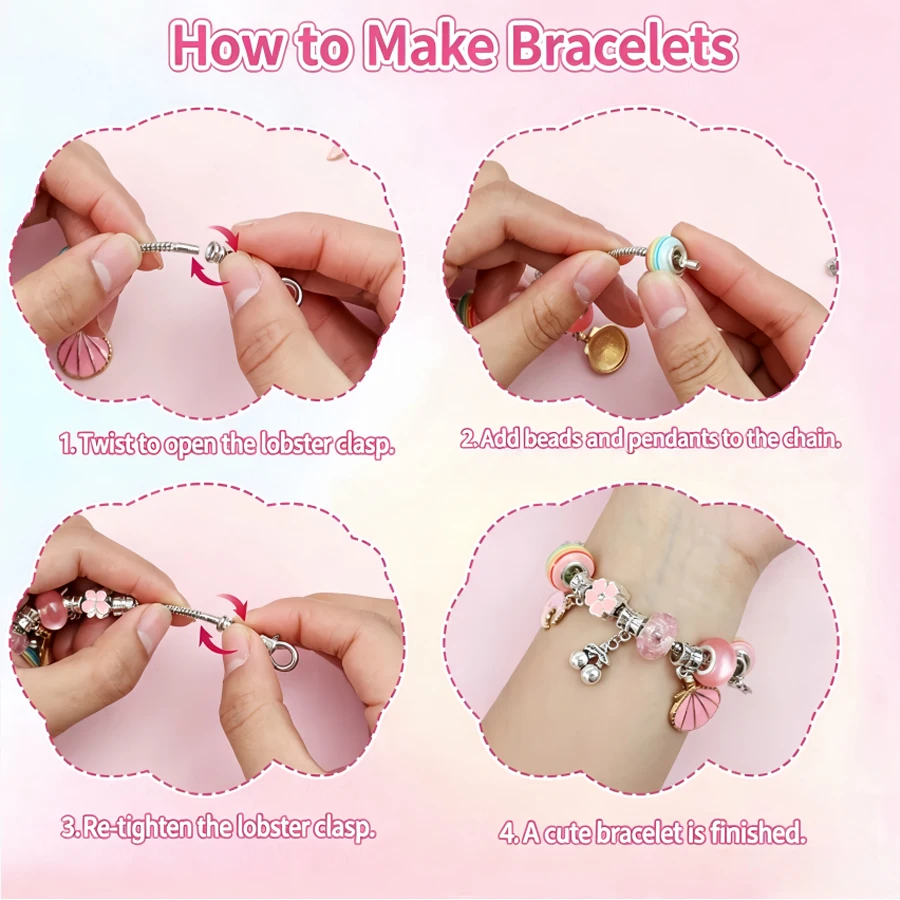 Charm Bracelet Making Kit, Pink Jewelry Box & Gift Bag, Creative Handmade Jewelry Toy