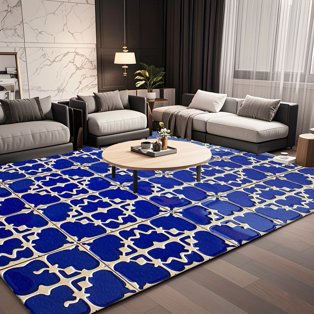 Blue Portuguese Tile Style Area Rug Retro Geometric Ceramic Print Floor Mat Washable Decor Carpet For Living Room Entryway