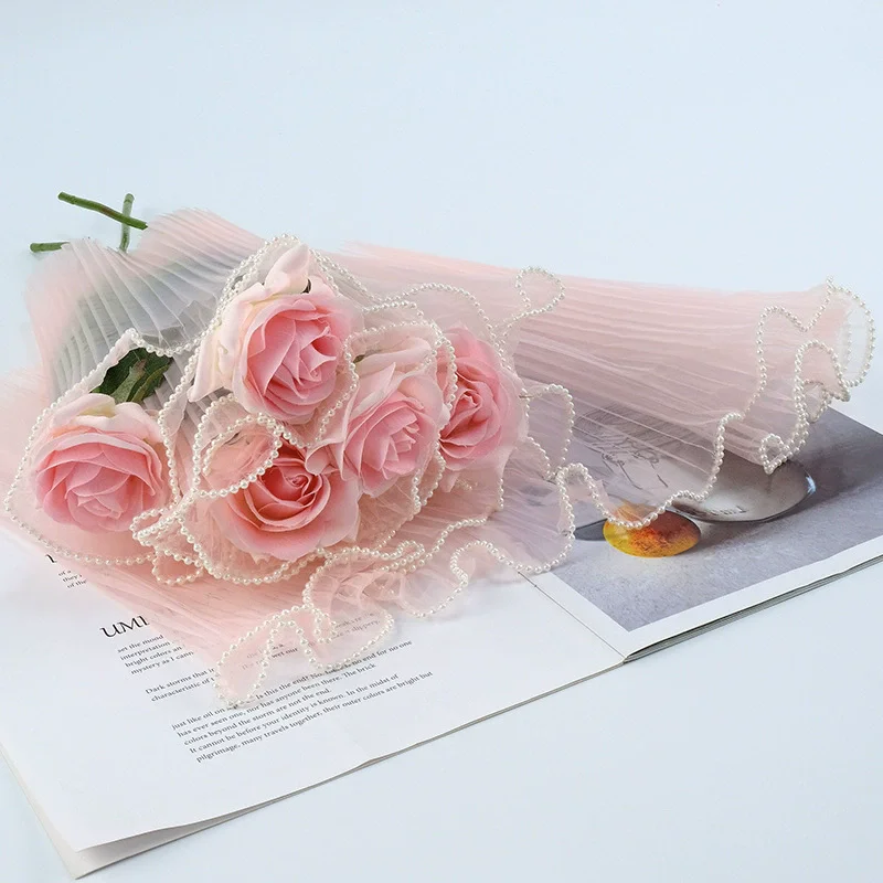 Pearl Lace Flower Wrapping Cloth Handmade Bouquet Florist Gift Packaging Paper Wave Yarn Romomatic Roll Flower Bouquet Wrapping