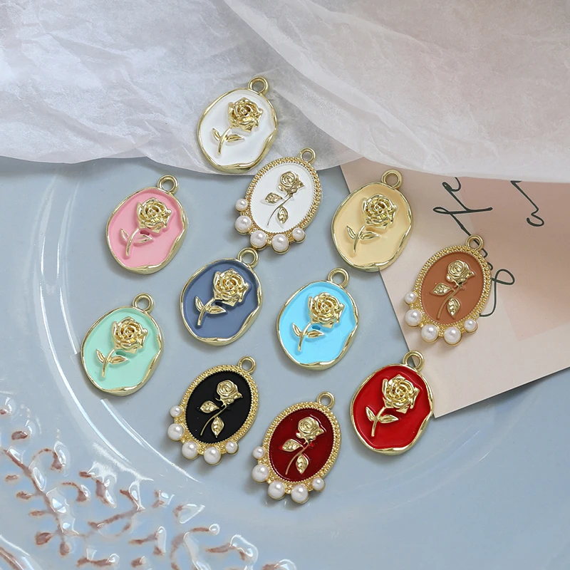 10pcs Drip Oil Inlaid Pearl Retro Rose Round Card Pendant Diy Handmade Jewelry Pendant Earrings Accessories Material Charms