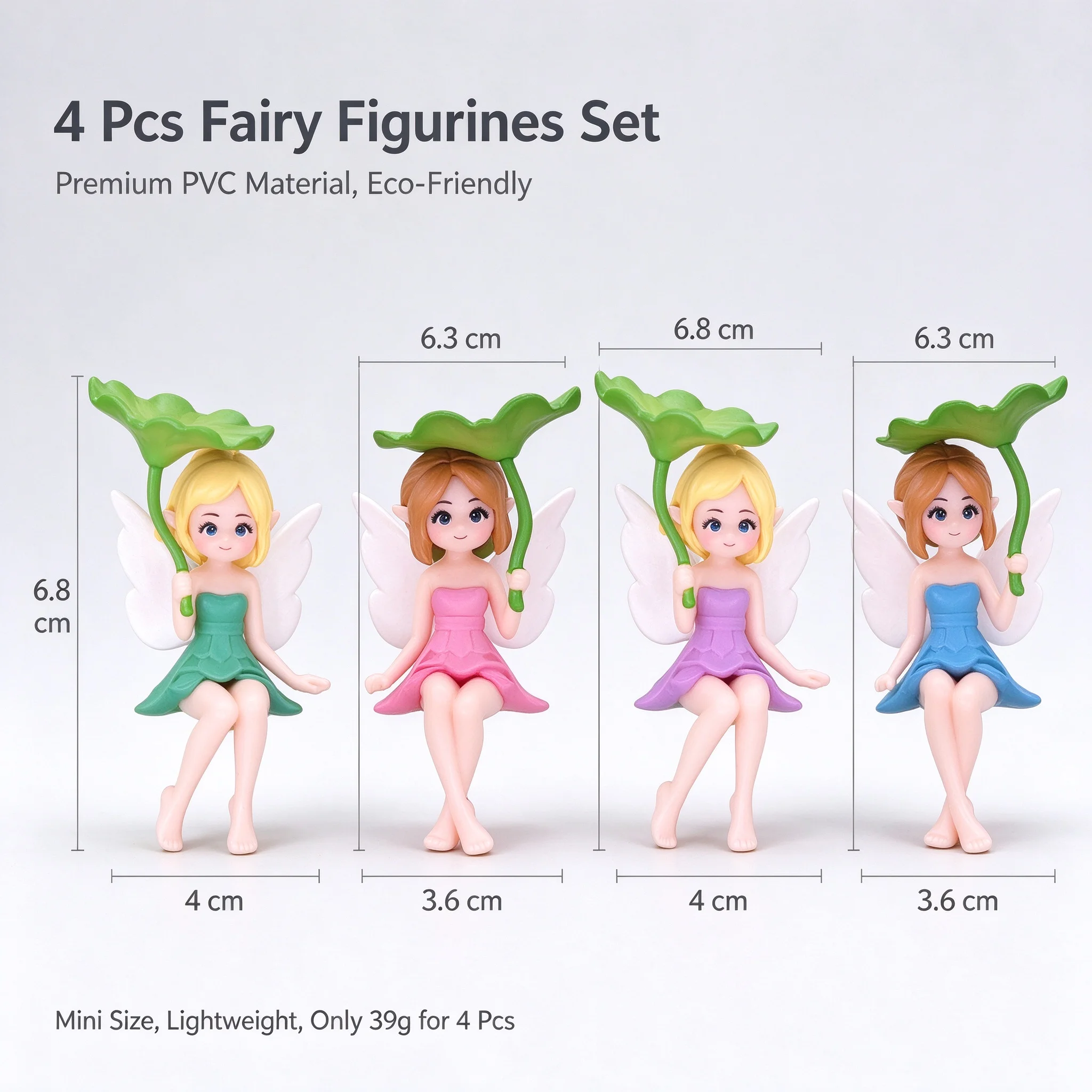 4Pcs Cute Fairy Garden Miniatures Figurines PVC Angel Girl Dolls with Lotus Leaf Wings Micro Landscape Car Decor Cake Topper