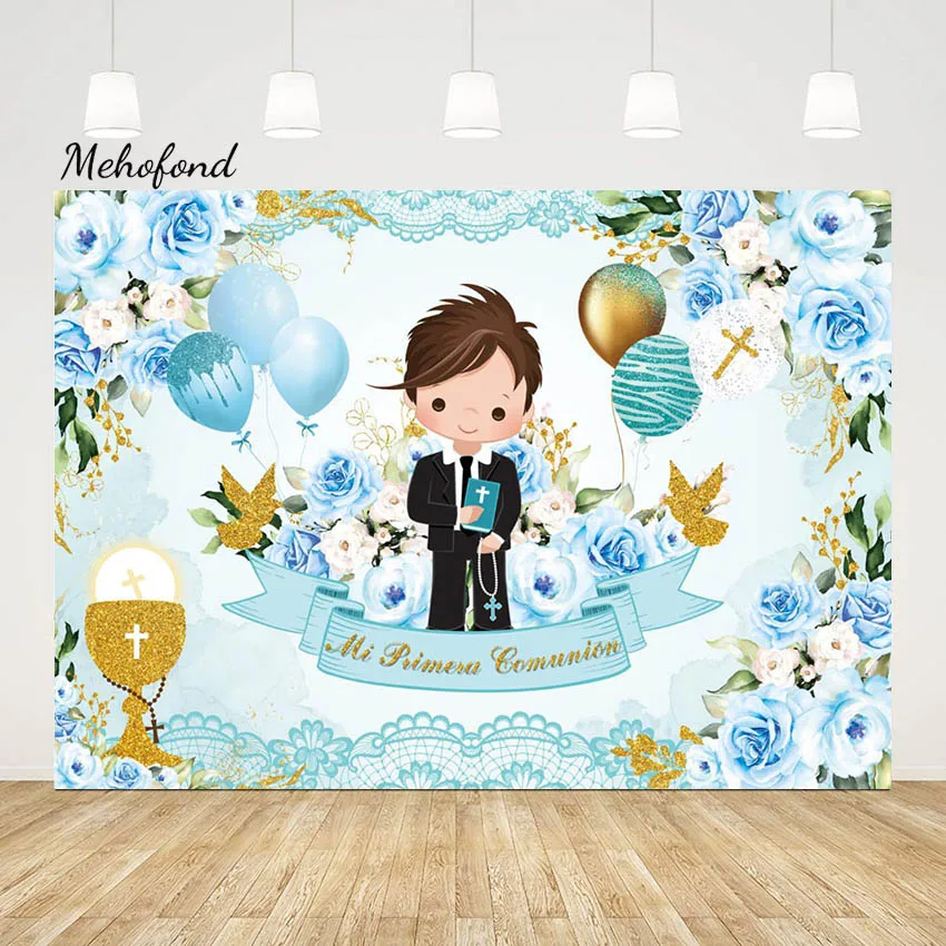 

Mehofond Mi Primera Comunión Photography Background Boy First Communion Baptism Balloon Cross Backdrop Christening Photo Studio