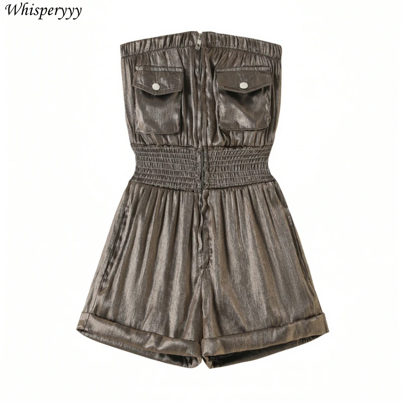 Sexy gouden jumpsuit dames hoge taille shorts borstomslag jumpsuit super cool 2025, nieuwe mode