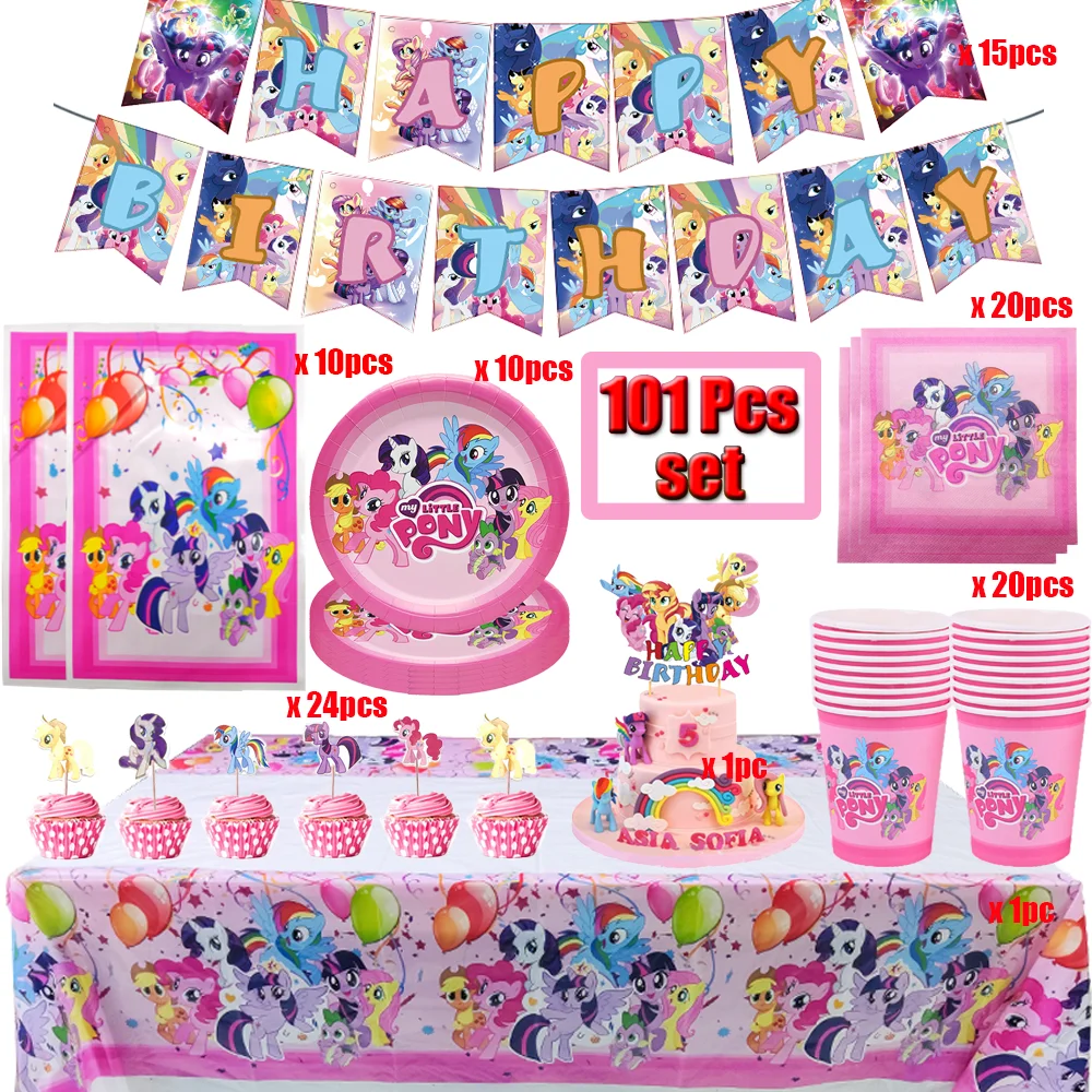 Cartoon-Pony-Thema Geburtstagsparty-Dekorationsset: Tischdecke, Teller, Becher, Ballon, Tortendekoration, Banner, Pferd, Geschenke für Babyparty – Detail 2
