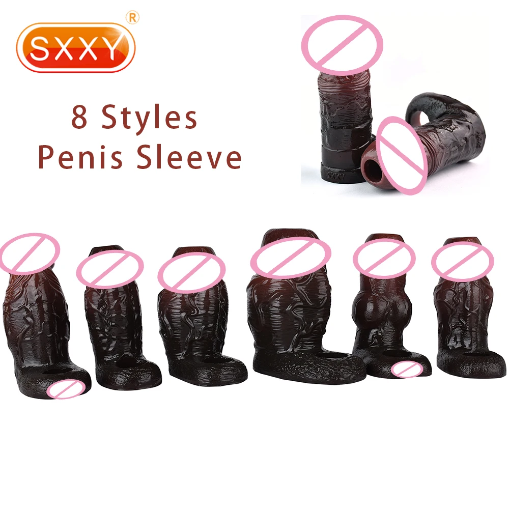 SXXY 8 Styles Black Realistic Penis Sleeve With Anti-drop Liquid Silicone Dick Enlargement Device For Men Delayed Ejaculation